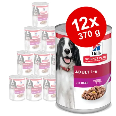 Hill's Science Plan Adult 1–6 with Beef, balenie 12×370 g konzerv. Na etikete pes, hovädzie mäso na lyžici, červený kruh s nápisom 12×370 g. Hill's Science Plan Adult 1–6 with Beef, balenie 12×370 g konzerv. Na etikete pes, hovädzie mäso na lyžici, červený kruh s nápisom 12×370 g.
