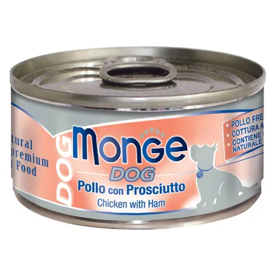 Monge Dog cibo umido per cani, Pollo con Prosciutto, ingredienti naturali, qualità premium.