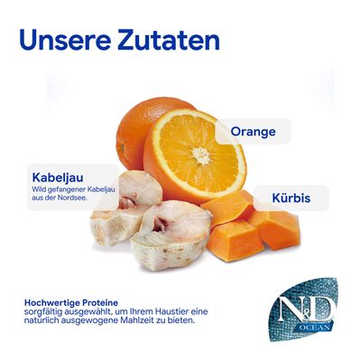 Unsere Zutaten: Orange, Kürbis, wild gefangener Kabeljau aus der Nordsee. Hochwertige Proteine für eine natürlich ausgewogene Mahlzeit. N&D Ocean.