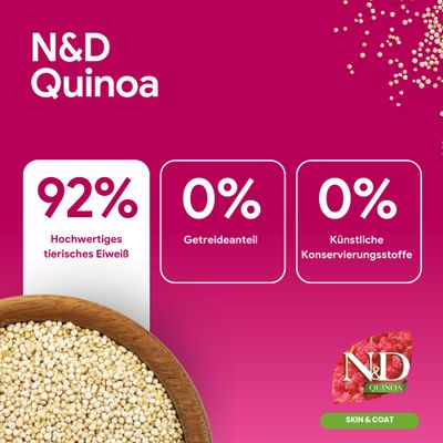 N&D Quinoa: 92% hochwertiges tierisches Eiweiß, 0% Getreideanteil, 0% künstliche Konservierungsstoffe. Skin & Coat.