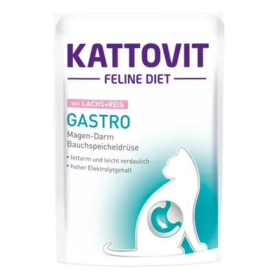 KATTOVIT FELINE DIET GASTRO s lososom a ryžou. Text v nemčine: Magen-Darm, Bauchspeicheldrüse, fettarm und leicht verdaulich, hoher Elektrolytgehalt. Obrys mačky na obale.