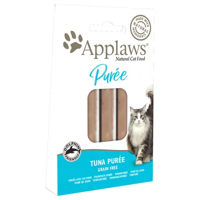 Опаковка Applaws Natural Cat Food Purée, Tuna Purée Grain Free. Видими стикчета пюре, надписи: Made with natural ingredients, Dolphin friendly. Котка на преден план.