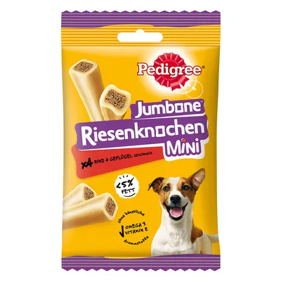 Emballage Pedigree Jumbone Riesenknocken Mini, goût bœuf et volaille, <5 % de matières grasses, oméga 3, vitamine E, sans arômes artificiels, photo d’un chien et des friandises visibles. Emballage Pedigree Jumbone Riesenknocken Mini, goût bœuf et volaille, <5 % de matières grasses, oméga 3, vitamine E, sans arômes artificiels, photo d’un chien et des friandises visibles.