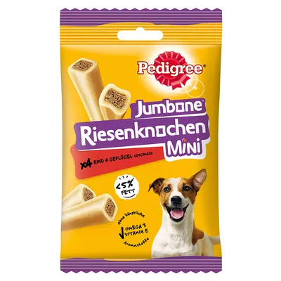 Pedigree Jumbone os mare Mini, aromă de vită și carne de pasăre, sub 5% grăsime, fără arome artificiale, cu Omega 3 și vitamina E.