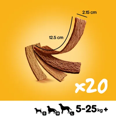 20 kappaletta koiranherkkuja, pituus 12,5 cm, leveys 2,15 cm. Sopii 5–25 kg koirille (koot S, M, L).