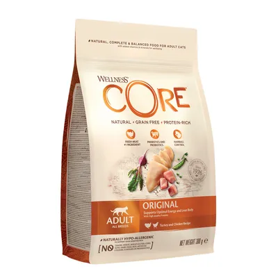 Wellness CORE Original adult food, natural, grain free, protein-rich, with fresh meat as main ingredient, prebiotics and probiotics, hairball control, turkey and chicken recipe, 300g. Wellness CORE Original adult food, natural, grain free, protein-rich, with fresh meat as main ingredient, prebiotics and probiotics, hairball control, turkey and chicken recipe, 300g.