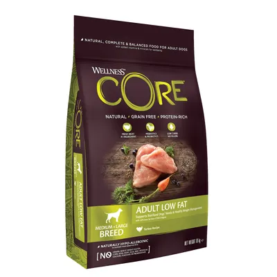 Bag labelled natural, grain free, protein-rich adult low fat food for medium and large breeds. Highlights: fresh meat as main ingredient, prebiotics, probiotics, low carbs, no fillers.