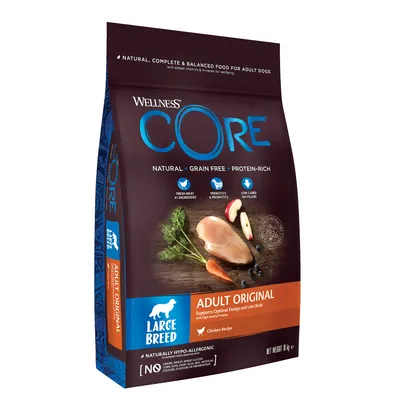 Wellness CORE Adult Original large breed food, chicken recipe, natural, grain free, protein-rich, fresh meat as main ingredient, prebiotics and probiotics, low carbs, no fillers.