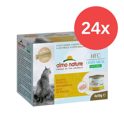 Caja de Almo Nature HFC Light Meal Natural, filete de pollo, 4x50 g. Texto visible: 24x en círculo rojo, fondazione Capellino, 4 light meals. Imagen de un gato y una lata.