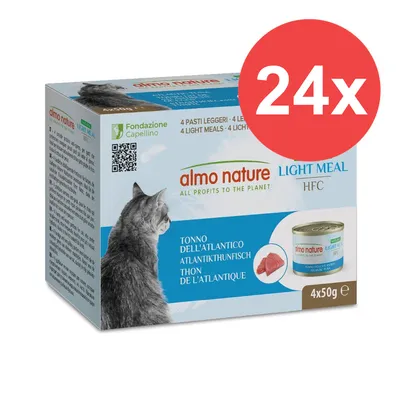 Almo Nature Light Meal HFC thon de l’Atlantique, 24x50g. Emballage avec chat et boîte illustrés.