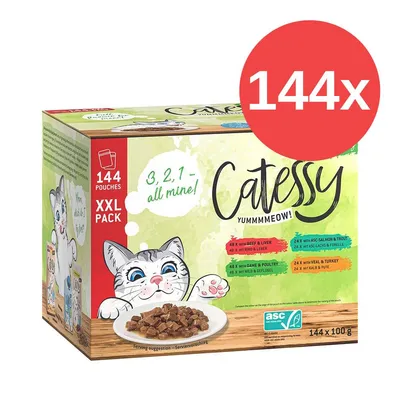 Catessy XXL Pack mit 144 Pouches, Sorten: Rind & Leber, Wild & Geflügel, Lachs & Forelle, Kalb & Pute. ASC-zertifiziert. Portionsgröße: 144x100g. Catessy XXL Pack mit 144 Pouches, Sorten: Rind & Leber, Wild & Geflügel, Lachs & Forelle, Kalb & Pute. ASC-zertifiziert. Portionsgröße: 144x100g.