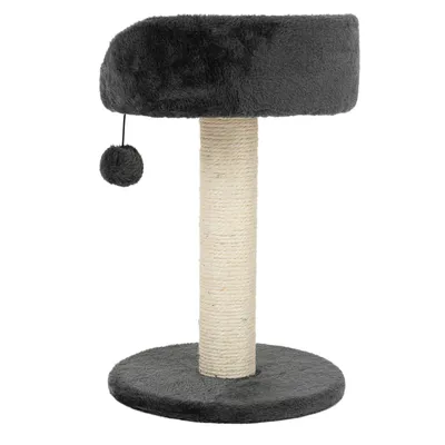 Kradsøjle med grå plysbetræk, sisalstamme og hængende bold.