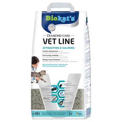 Biokat's Diamond Care Vet Line Attracting & Calming Katzenstreu, feine Klumpstreu, mit Geruchsbotsenstoff, reicht für 54 Tage, Made in Germany, 10 Liter Beutel.