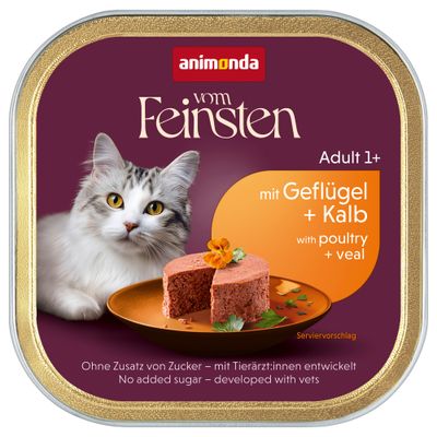 Pack de 32 unidades de 100 g de comida húmida para gatos Animonda Vom Feinsten Adult Multifleich-Cocktail. Embalagem com imagem de gato branco e texto em várias línguas.