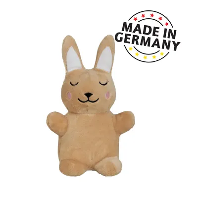 Juguete de peluche con forma de conejo, ojos cerrados y mejillas rosas. Texto: Made in Germany.