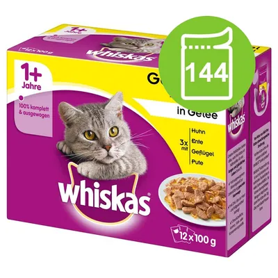 Whiskas 1+ Jahre, 12×100 g kapsiček v želé, příchutě Huhn, Ente, Geflügel, Pute. 100% komplett & ausgewogen. Zvýrazněno: 144 porcí.