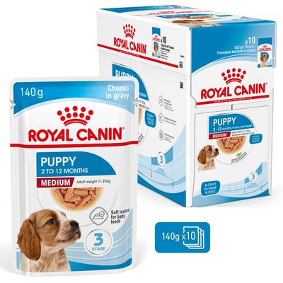 Royal Canin Puppy 2 to 12 Months Medium, 140g pouch, pack of 10, chunks in gravy, soft texture for baby teeth, adult weight 11–25 kg, stage 3.