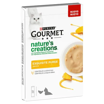 Purina Gourmet nature's creations Exquisite Puree Snack, con pollo e un pizzico di zucca, 5x10g. Macskás csomagolás, tálban püré látható.