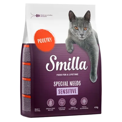 Smilla Special Needs Sensitive macskaeledel baromfival, gabonamentes, taurinnal, omega zsírsavakkal és Yucca Schidigerával. Újrahasználható csomagolás, 4 kg, Made in Germany.