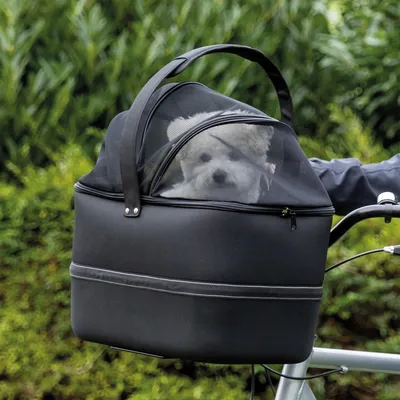 Svart cykelväska för hund med nätöverdrag, fästs på styret. Liten hund synlig genom nätet.