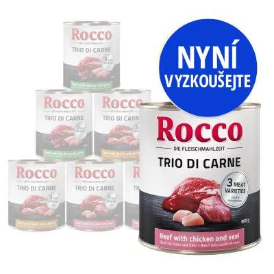 Konzerva Rocco Trio di Carne, 3 druhy masa, Beef with chicken and veal, 800 g. Modrý kruh s textem: Nyní vyzkoušejte.
