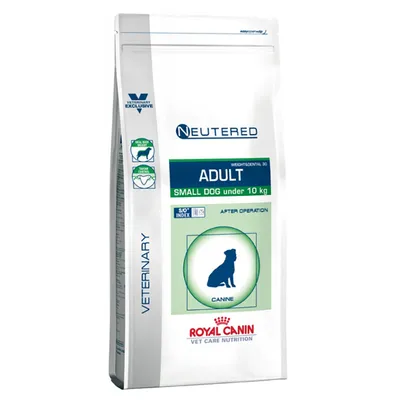 Упаковка Royal Canin Neutered Adult Small Dog under 10 kg, ветеринарная серия, для взрослых собак весом до 10 кг. Видны надписи: AFTER OPERATION, SO INDEX, VETERINARY EXCLUSIVE.