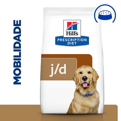 Embalagem de ração Hill's Prescription Diet j/d para cães, com texto visível 'MOBILIDADE' na lateral esquerda e ícone de taça de comida no canto superior direito.