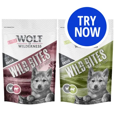 Two packs of Little Wolf of Wilderness Wild Bites grain free snack, flavours Leafy Willows and Green Fields, with a blue 'Try Now' button.
