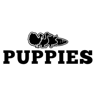 PUPPIES. Mærkenavn med silhuet af hunde og fisk.