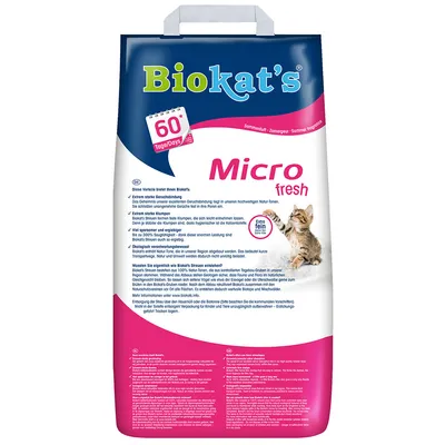 Biokat's Micro fresh kattsand, 60 dagar, extra fin, bild på kattunge. Text på tyska och engelska om produktens egenskaper synlig på förpackningen.