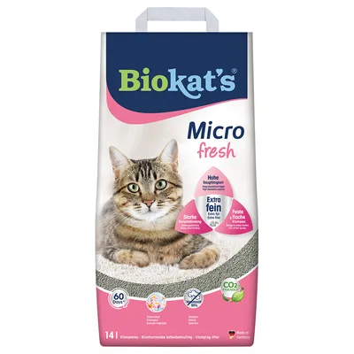 Biokat's Micro fresh hrudkující stelivo, vysoká savost, extra jemná zrna, pevné a ploché hrudky, silné pohlcování zápachu, CO2 šetrné, 14 l, vyrobeno v Německu.