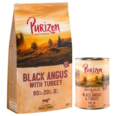 Pack Bi-nutrition : croquettes Purizon 12 kg + boîtes 6 x 400 g 12 kg Adult Black Angus + boîtes Black Angus 6 x 400 g