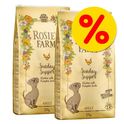 Two 12kg bags labelled 'Rosie's Farm Sunday Supper, Chicken with Pumpkin Seeds, Adult' with a yellow percentage discount symbol in the corner.