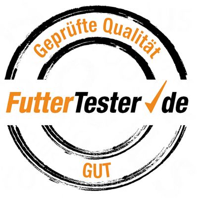 Geprüfte Qualität FutterTester.de GUT – text v nemčine označujúci testovanú kvalitu a hodnotenie 'dobré'.