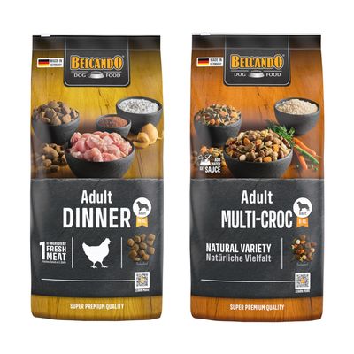Lot de 2 sacs Belcando Adult Dinner 15 kg, photo d’un homme avec un chien, texte visible : holistic, Für Hunde mit normaler Aktivität, Extra Frischfleisch, 75 % tierisches Eiweiß.