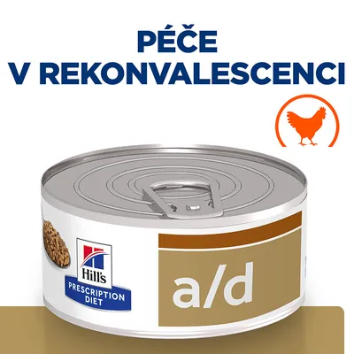 Konzerva Hill's Prescription Diet a/d, text na obrázku: PÉČE V REKONVALESCENCI, oranžová silueta sliepky. Text v češtine.