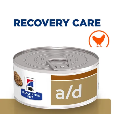 Hill's Prescription Diet a/d recovery care canned food with chicken indicated, suitable for post-illness nutrition support.