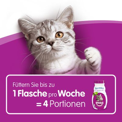 Füttern Sie bis zu 1 Flasche Whiskas Katzenmilch pro Woche, entspricht 4 Portionen.