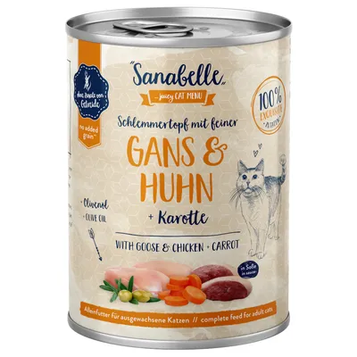 Sanabelle Schlemmertopf hanhella, kanalla ja porkkanalla. Viljaton, oliiviöljyllä. Täysravinto aikuisille kissoille. 100 % hienoja ainesosia, kastikkeessa.