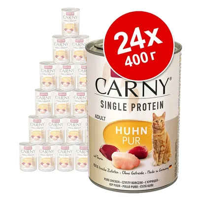 Пакет от 24 консерви по 400 г Animonda Carny Single Protein Adult Huhn Pur за котки. Видими са марката, продуктът и надпис: 24x 400 г.