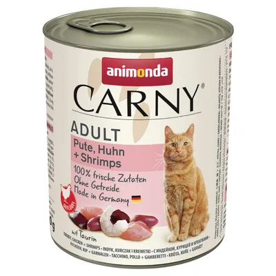 Boîte Animonda Carny Adult Pute, Huhn + Shrimps. Texte visible : 100% frische Zutaten, Ohne Getreide, Made in Germany. Image d’un chat et ingrédients visibles sur l’étiquette.