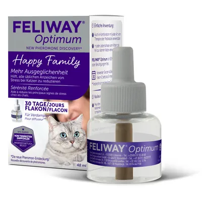 Feliway Optimum Happy Family, 48 ml flaska för förångare. Hjälper till att minska stress hos katter. Vetenskapligt bevisad och rekommenderad av veterinärer. Lämplig för 30 dagar.