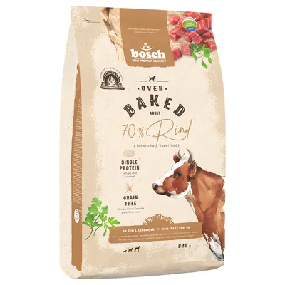 Bosch Oven Baked Adult cibo per cani, 70% manzo, superfood locali, monoproteico, senza cereali, dall’1° anno di vita, confezione da 800g.