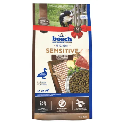 Bosch Sensitive krmivo pro psy od 12 měsíců, čerstvá kachna a brambory, 45 % kachna, bez obilovin, vyvážené živiny, 1 kg. Bestes aus Baden-Württemberg, Made in Germany.