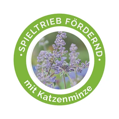 Estimula el instinto de juego con catnip. Diseño circular con flores de catnip violetas en el centro.