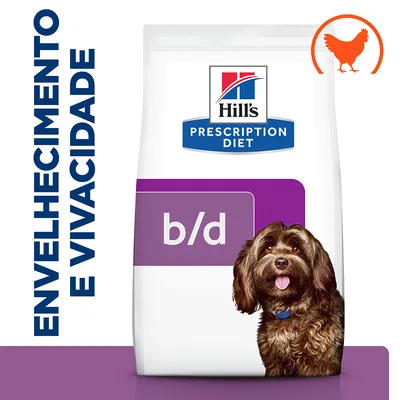 Hill's Prescription Diet b/d, saco de ração para cão com imagem de cão pequeno, texto 'Envelhecimento e vivacidade' à esquerda e ícone de frango no canto superior direito. Hill's Prescription Diet b/d, saco de ração para cão com imagem de cão pequeno, texto 'Envelhecimento e vivacidade' à esquerda e ícone de frango no canto superior direito.
