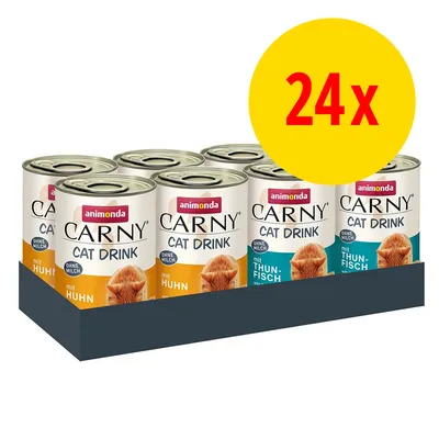 Confezione da 24 lattine Animonda Carny Cat Drink, varianti visibili: mit Huhn e mit Thunfisch, senza latte. Testo grande giallo: 24x.
