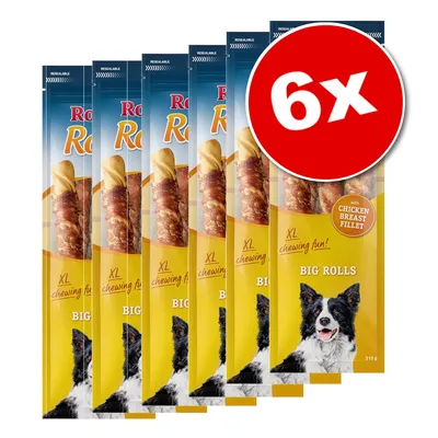 Lot de 6 sachets XL chewing fun Big Rolls, avec filet de poitrine de poulet, image d’un chien noir et blanc sur l’emballage, poids indiqué : 315 g. Lot de 6 sachets XL chewing fun Big Rolls, avec filet de poitrine de poulet, image d’un chien noir et blanc sur l’emballage, poids indiqué : 315 g.