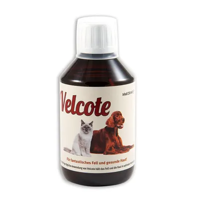 Velcote, περιεχόμενο 250 ml. Για υγιές τρίχωμα και δέρμα. Καθημερινή χρήση διατηρεί τρίχωμα και δέρμα σε άριστη κατάσταση.
