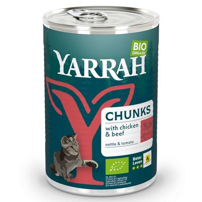 Yarrah Bio Bocconcini 6 x 405 g umido per gatto Pollo bio & Manzo bio con Ortica bio & Pomodori bio